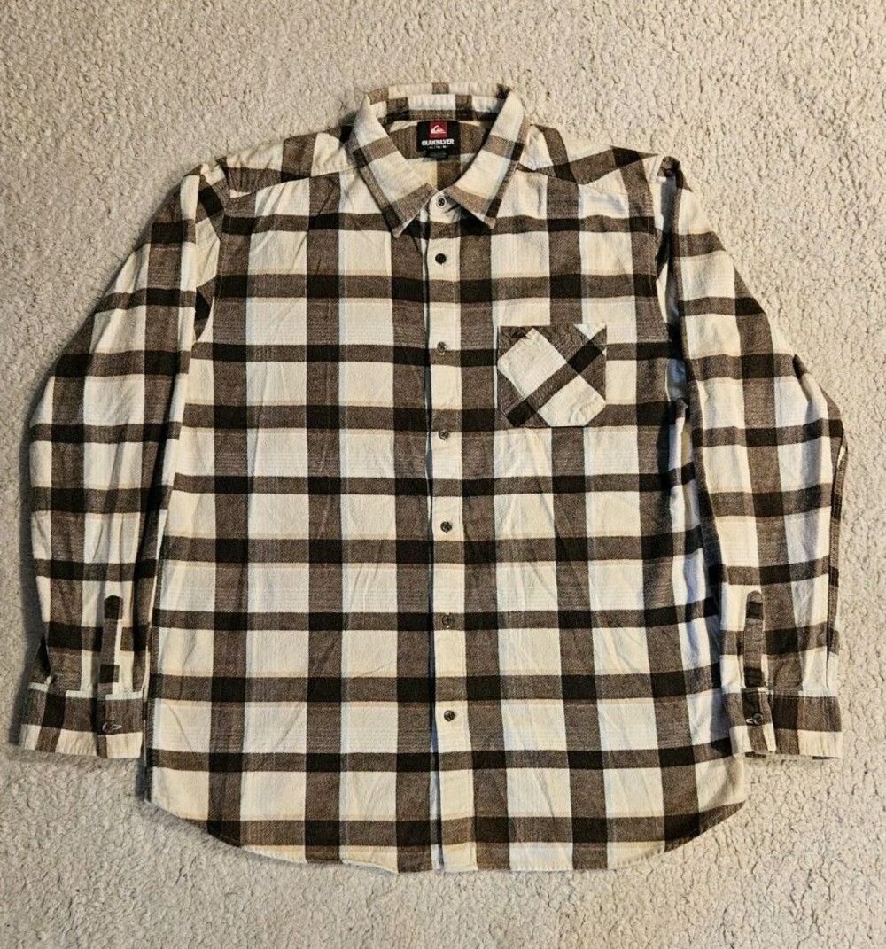 Quiksilver Mens XL 100% Cotton Long Sleeve Flannel Shirt Brown Plaid Surf Skate